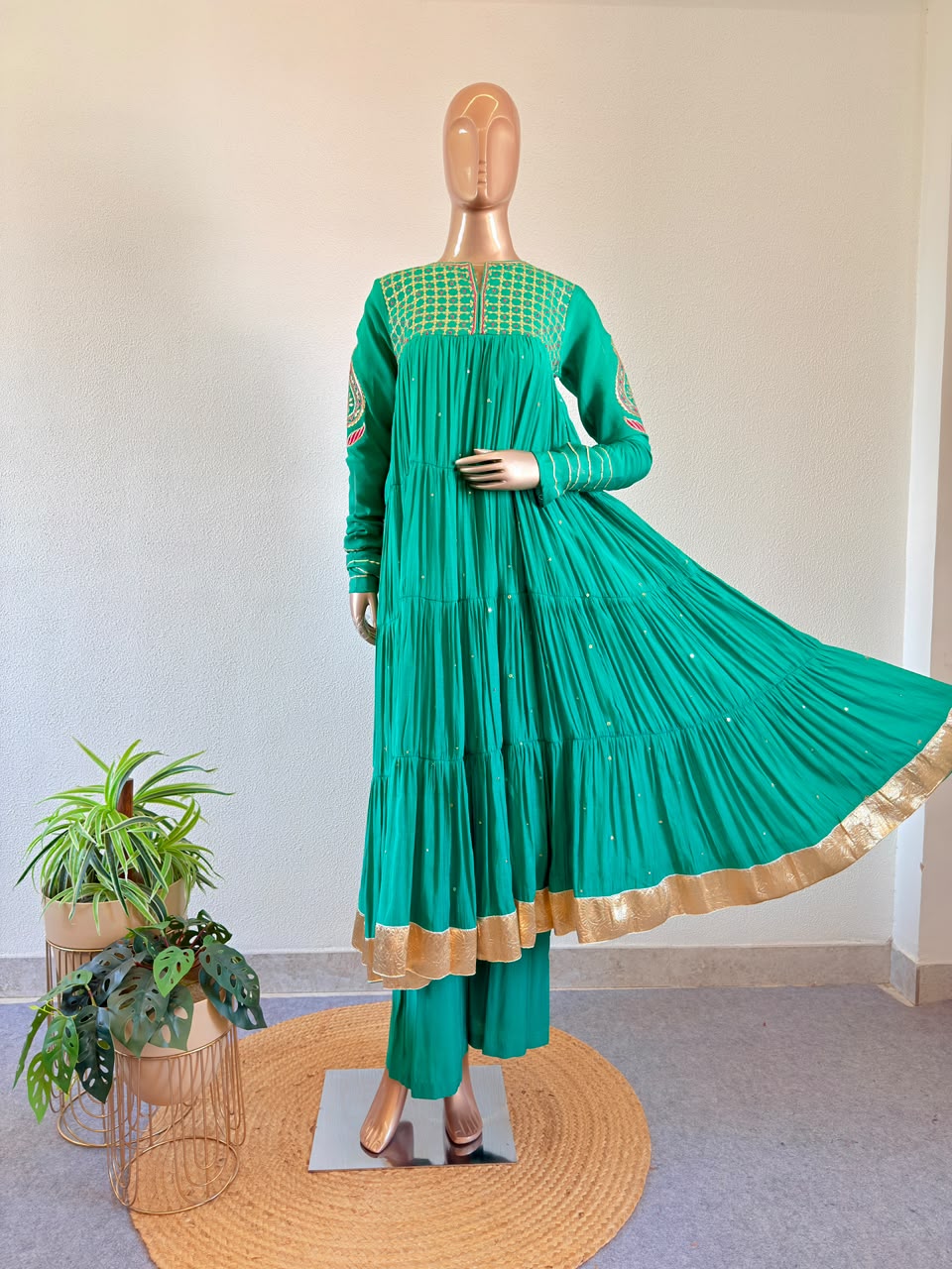 Gold Embroidered Tiered Anarkali Set with Pants & Tissue Dupatta