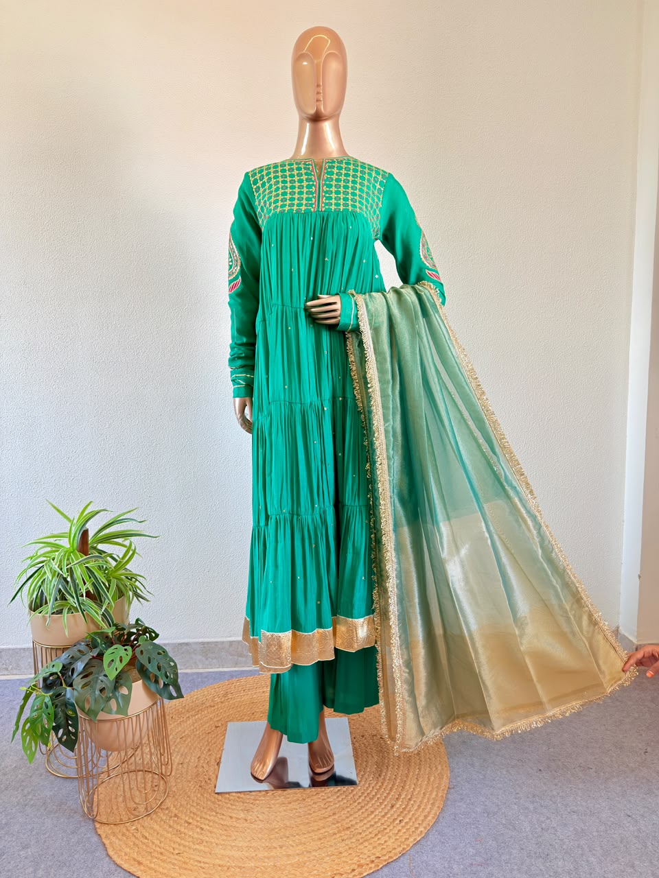 Gold Embroidered Tiered Anarkali Set with Pants & Tissue Dupatta