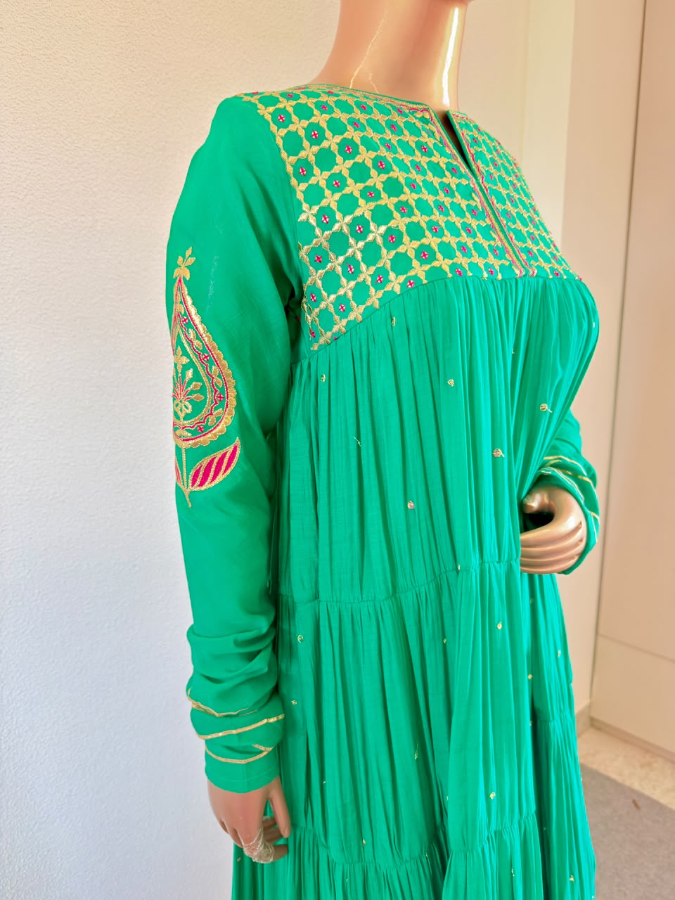 Gold Embroidered Tiered Anarkali Set with Pants & Tissue Dupatta