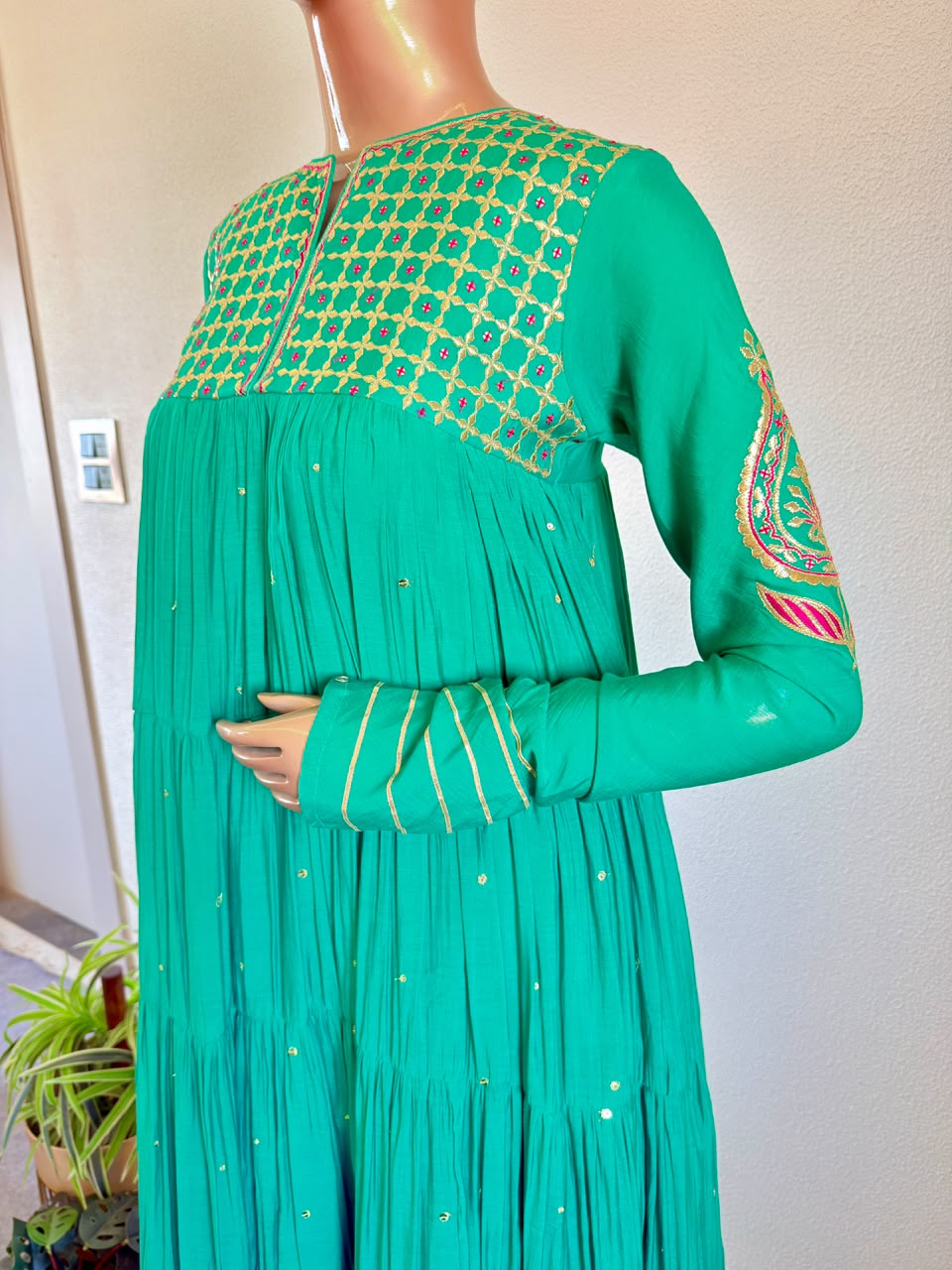 Gold Embroidered Tiered Anarkali Set with Pants & Tissue Dupatta