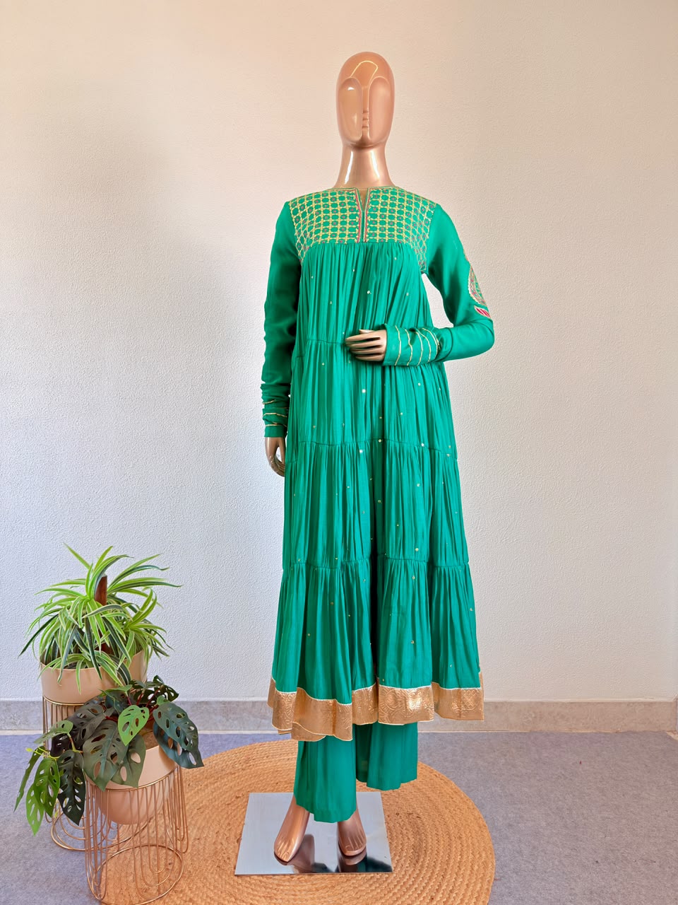 Gold Embroidered Tiered Anarkali Set with Pants & Tissue Dupatta