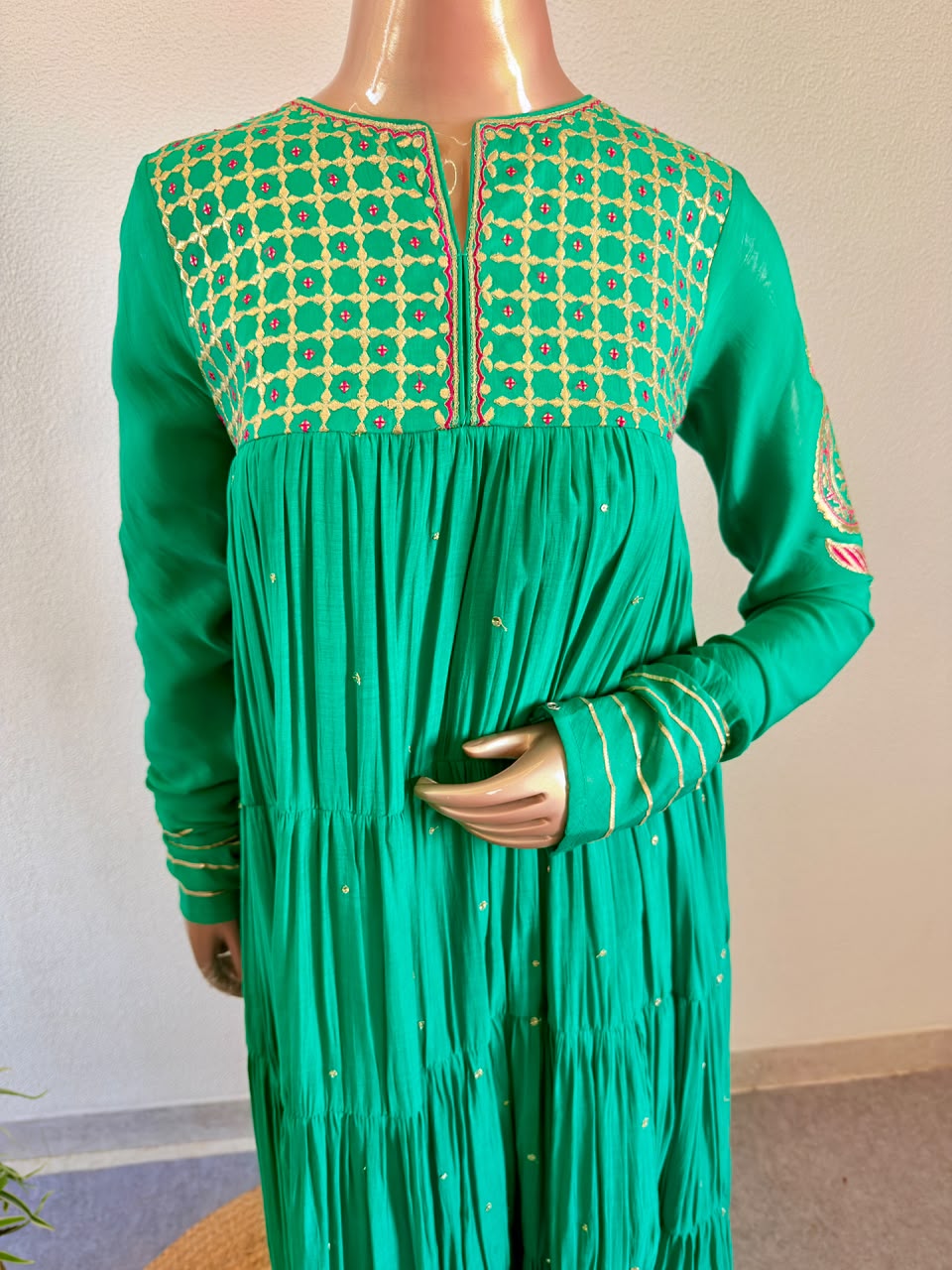 Gold Embroidered Tiered Anarkali Set with Pants & Tissue Dupatta