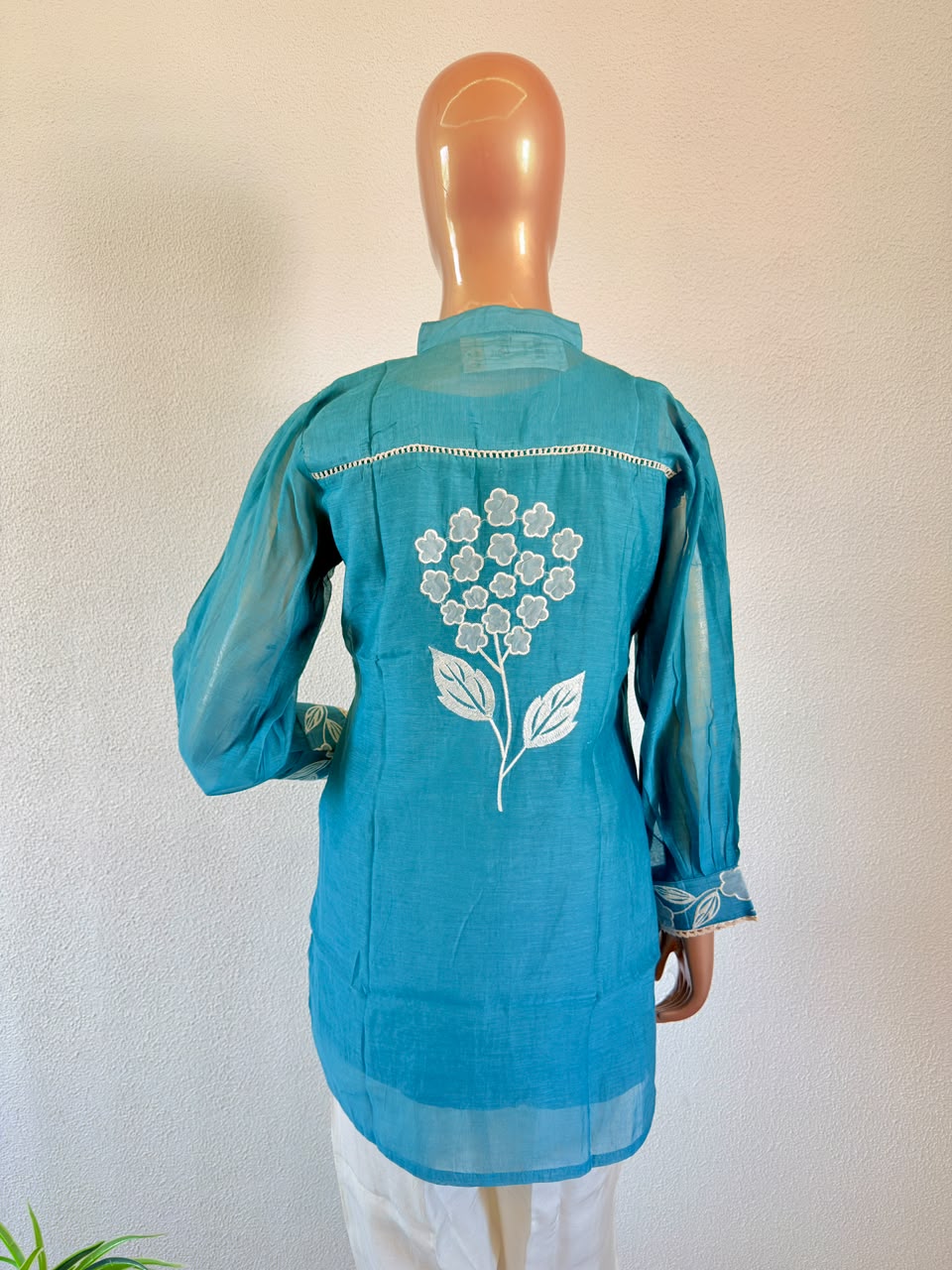 White Floral Applique Mul Chanderi Shirt & Ivory Trouser Co-Ord Set - Teal