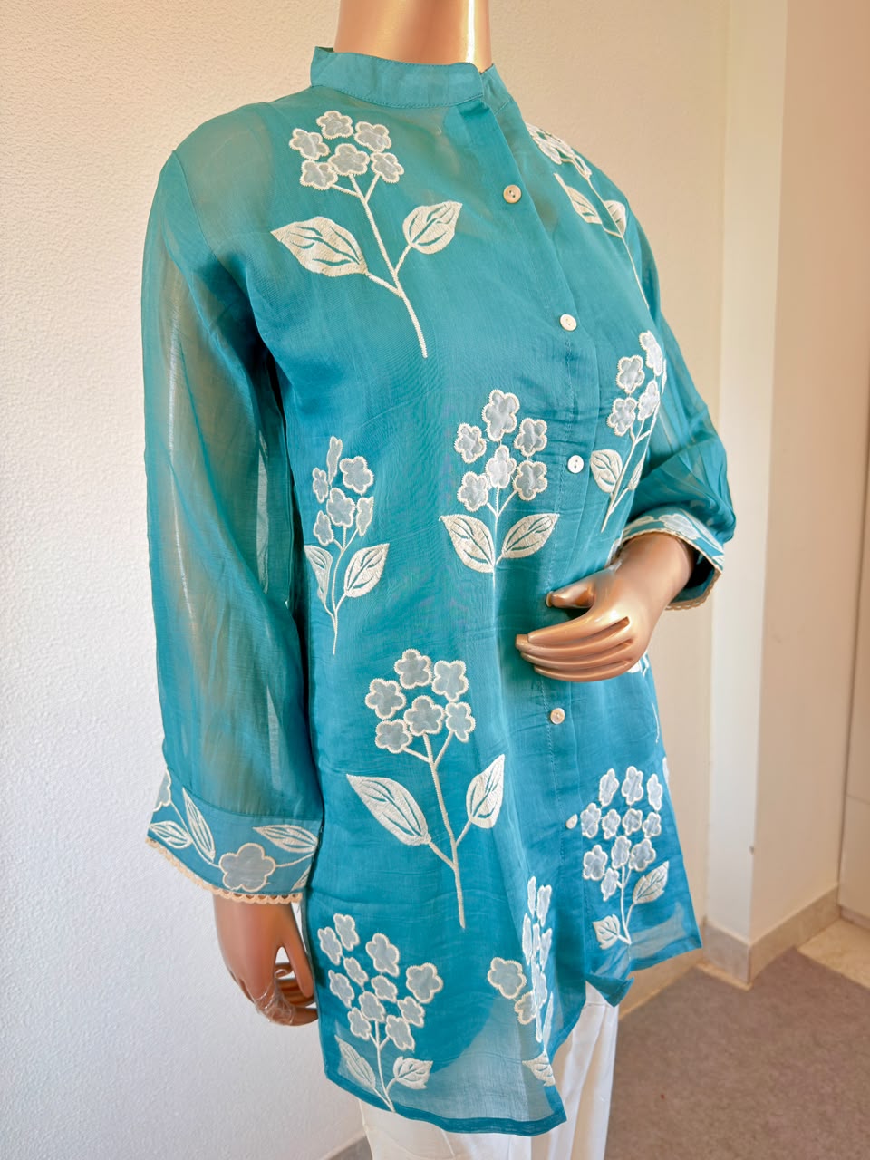 White Floral Applique Mul Chanderi Shirt & Ivory Trouser Co-Ord Set - Teal