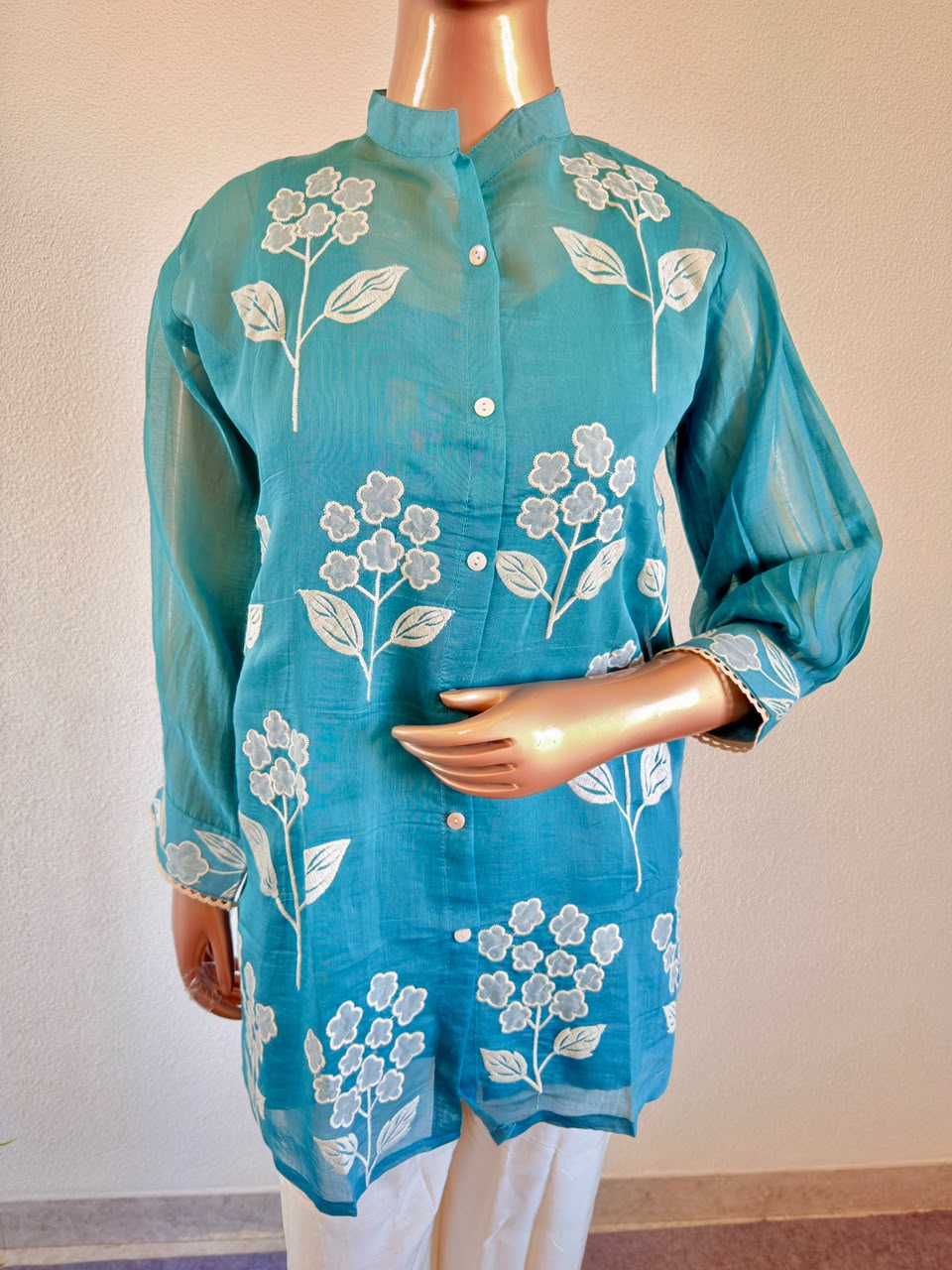 White Floral Applique Mul Chanderi Shirt & Ivory Trouser Co-Ord Set - Teal