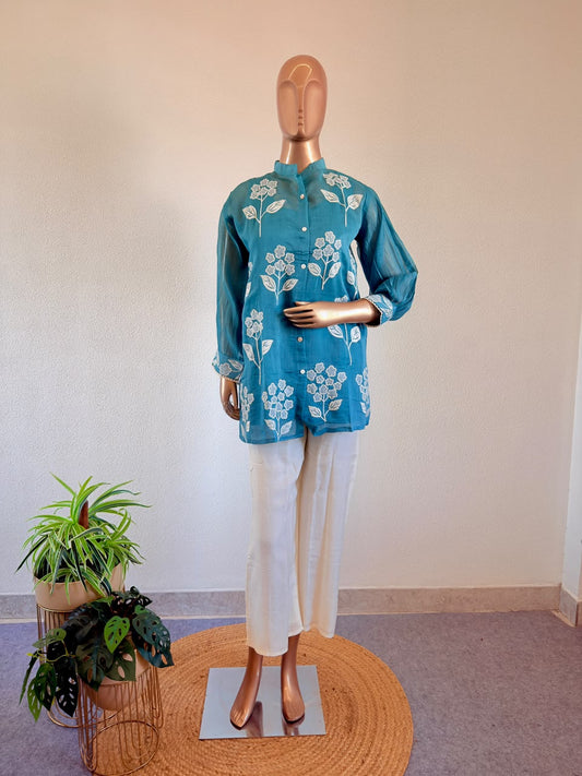 White Floral Applique Mul Chanderi Shirt & Ivory Trouser Co-Ord Set - Teal