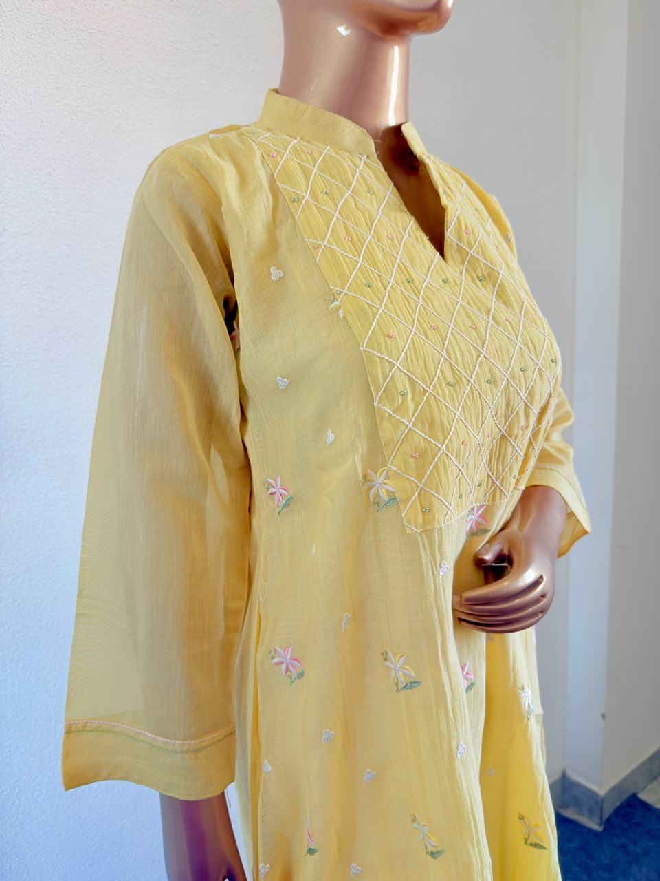 Embroidered Yoke Mul Chanderi Silk A-Line Suit Set with Zari Dupatta
