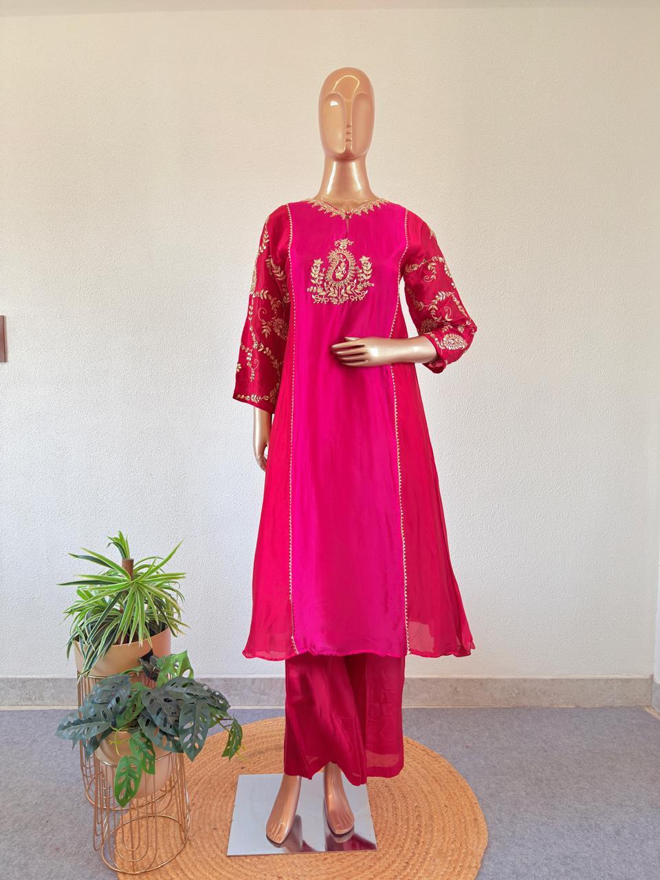 Zardozi & Gota Hand-Embroidered HO Silk A-Line Suit Set with Dupatta