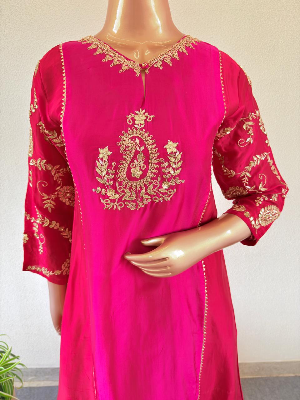 Zardozi & Gota Hand-Embroidered HO Silk A-Line Suit Set with Dupatta