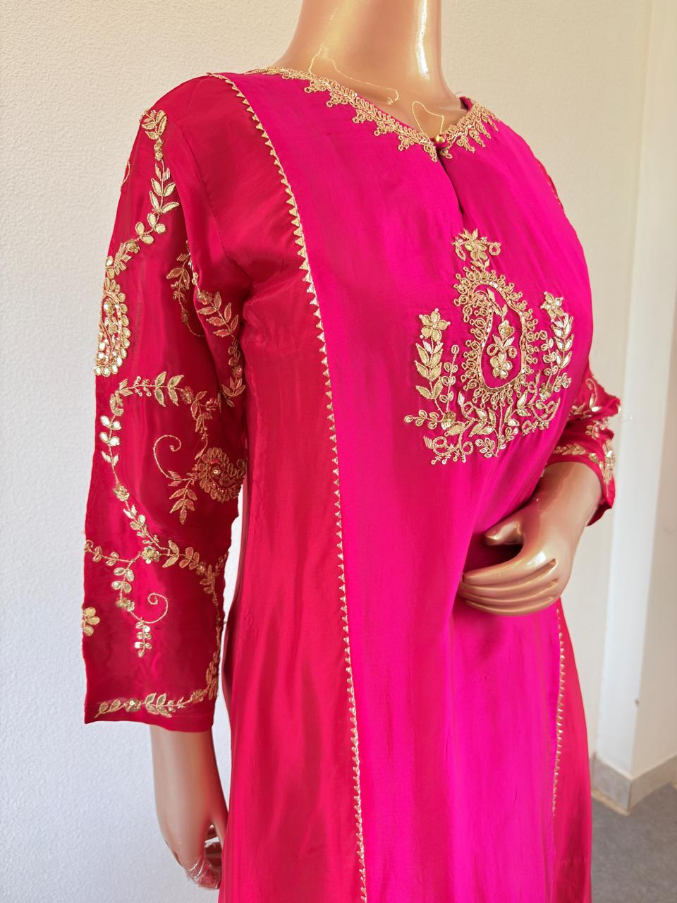 Zardozi & Gota Hand-Embroidered HO Silk A-Line Suit Set with Dupatta