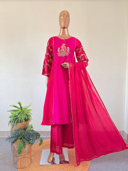 Zardozi & Gota Hand-Embroidered HO Silk A-Line Suit Set with Dupatta