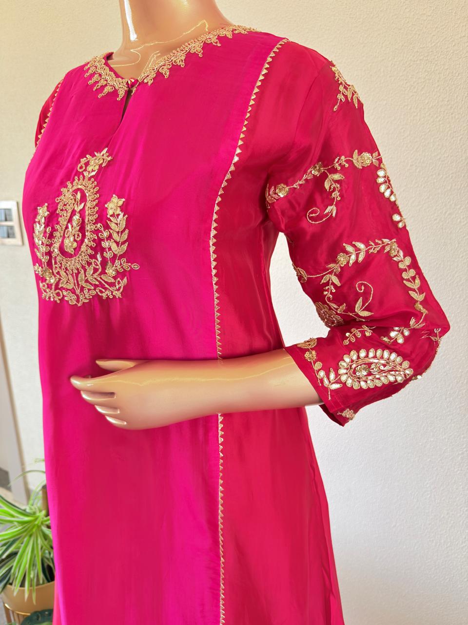 Zardozi & Gota Hand-Embroidered HO Silk A-Line Suit Set with Dupatta