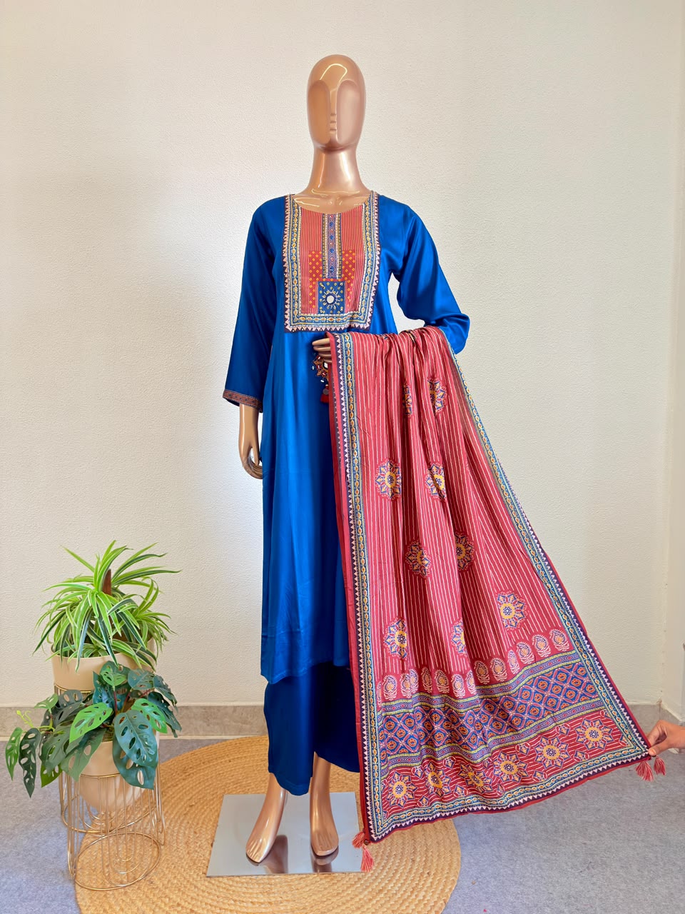 Modal Silk Suit Set with Contrast Ajrakh Print Yoke and Dupatta