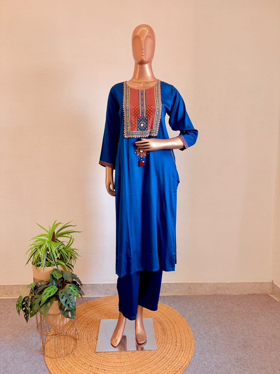 Modal Silk Suit Set with Contrast Ajrakh Print Yoke and Dupatta