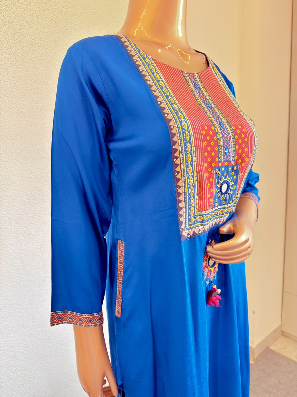 Modal Silk Suit Set with Contrast Ajrakh Print Yoke and Dupatta