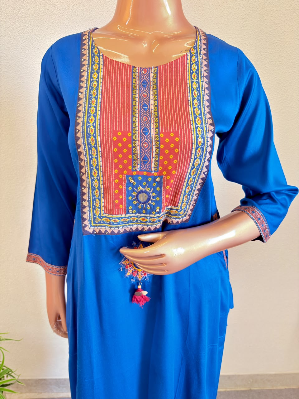 Modal Silk Suit Set with Contrast Ajrakh Print Yoke and Dupatta