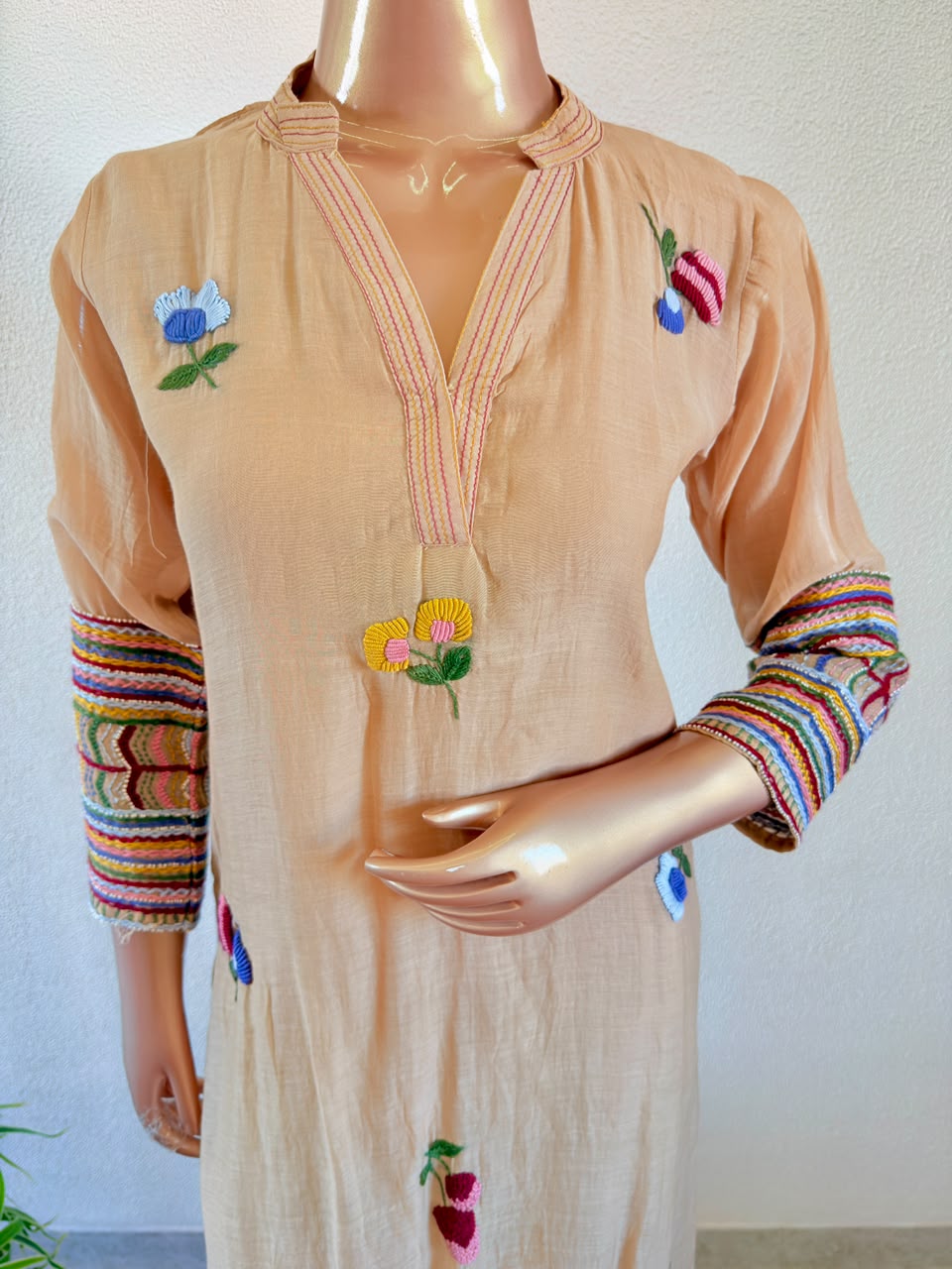 Adda Work V-Neck Mul Chanderi A-Line Suit Set with Embroidered Floral Motifs -  Beige