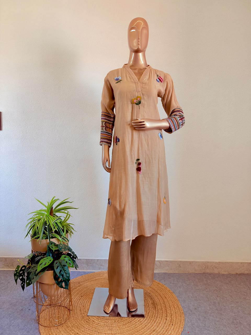 Adda Work V-Neck Mul Chanderi A-Line Suit Set with Embroidered Floral Motifs -  Beige