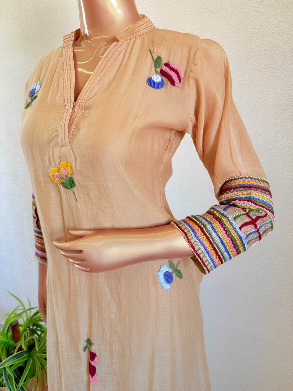 Adda Work V-Neck Mul Chanderi A-Line Suit Set with Embroidered Floral Motifs -  Beige