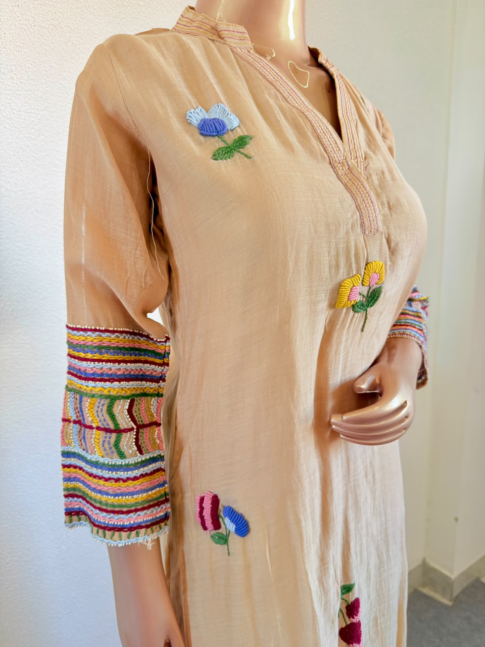 Adda Work V-Neck Mul Chanderi A-Line Suit Set with Embroidered Floral Motifs -  Beige