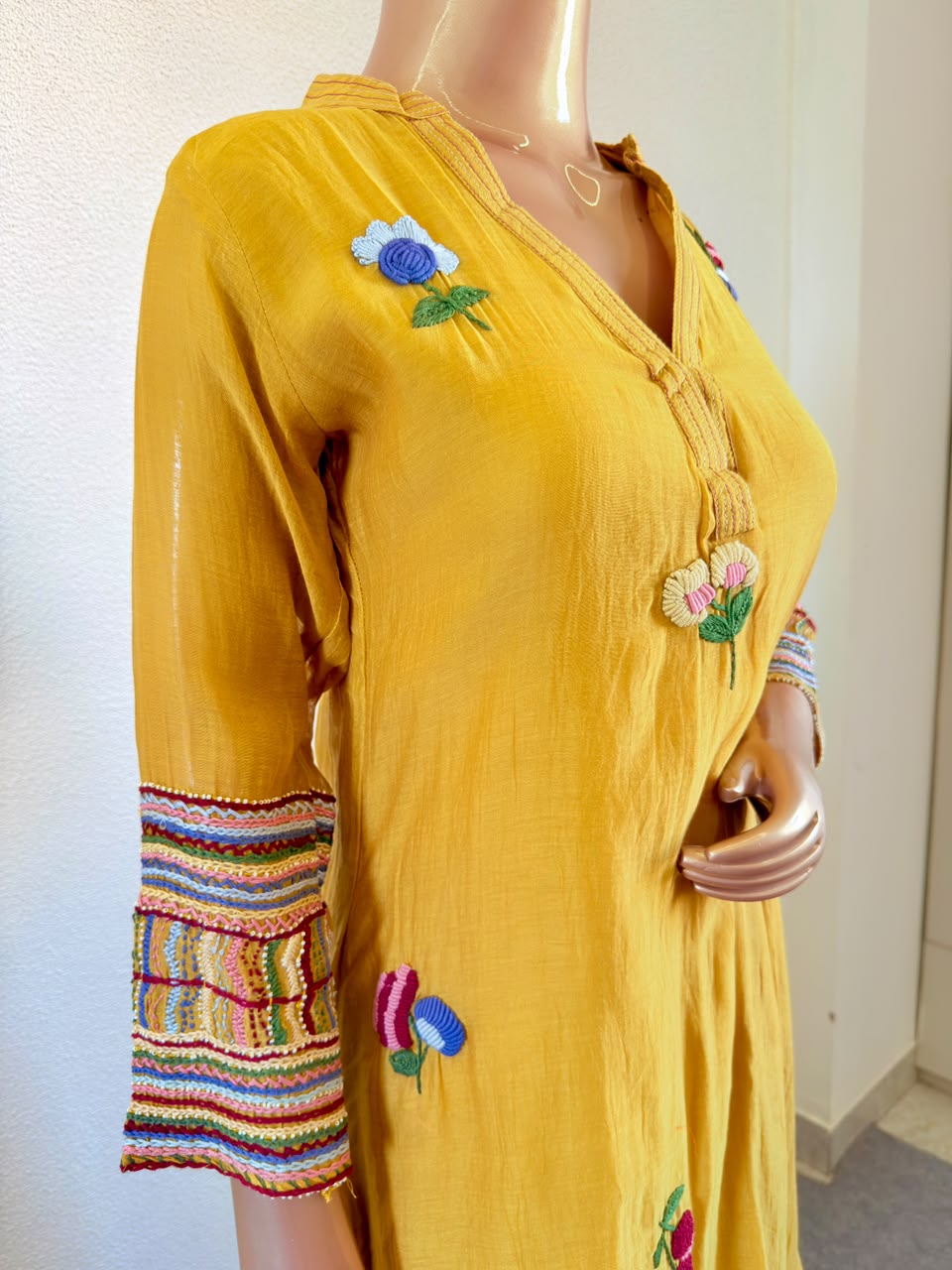 Adda Work V-Neck Mul Chanderi A-Line Suit Set with Embroidered Floral Motifs -  Mustard Yellow