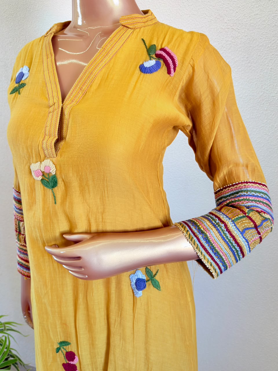 Adda Work V-Neck Mul Chanderi A-Line Suit Set with Embroidered Floral Motifs -  Mustard Yellow