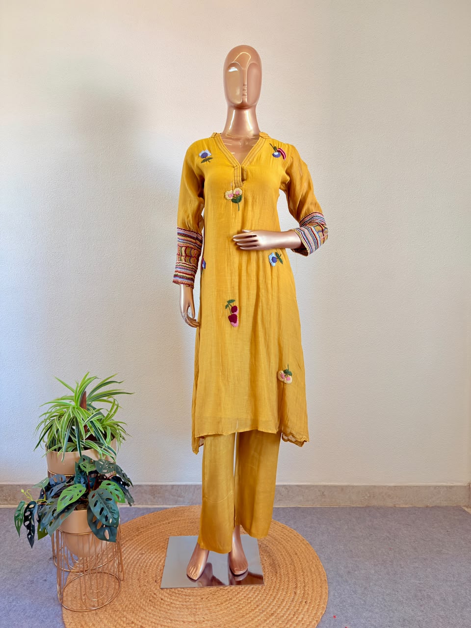 Adda Work V-Neck Mul Chanderi A-Line Suit Set with Embroidered Floral Motifs -  Mustard Yellow