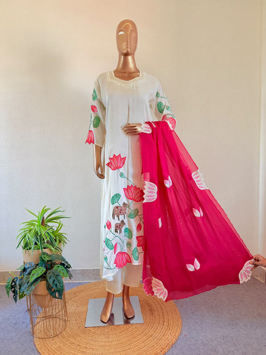Pichwai Lotus Embroidered Ivory Modal Silk Suit Set with Contrasting Rani Pink Dupatta