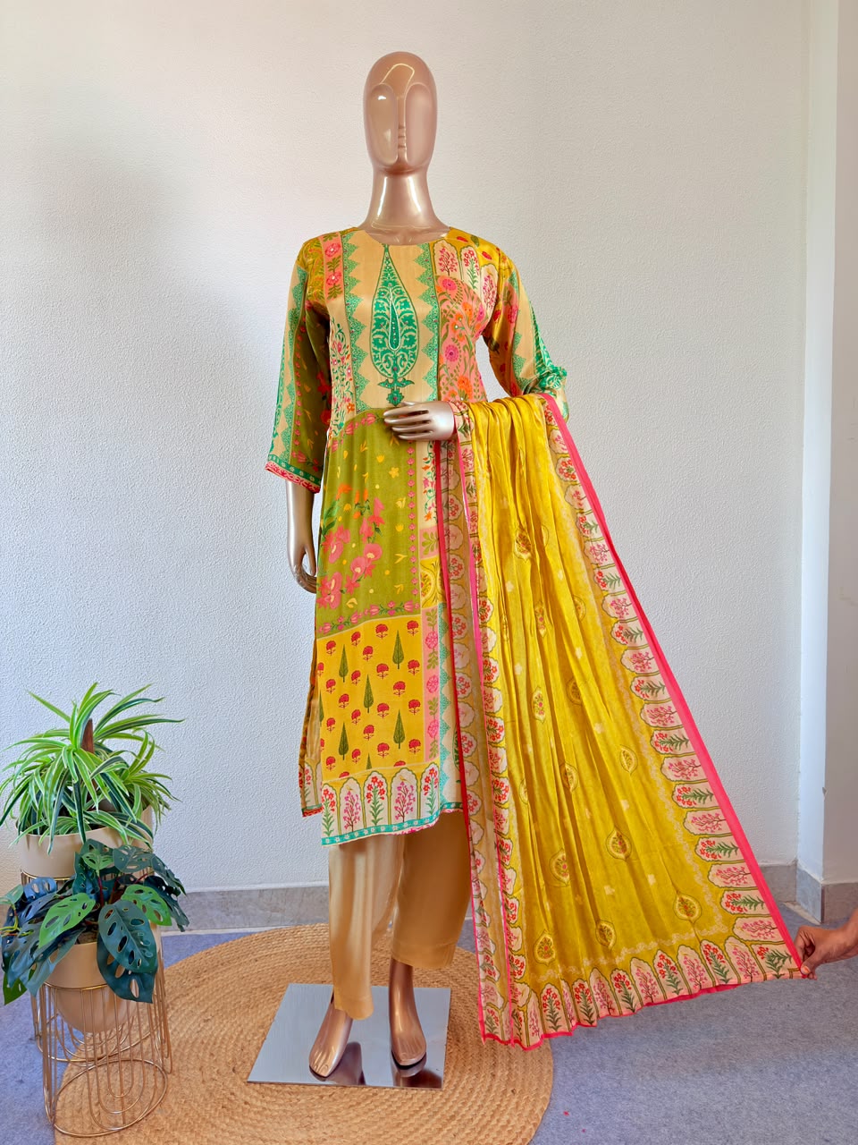 Paisley & Floral Print Mustard Crepe Suit Set with Chinon Dupatta