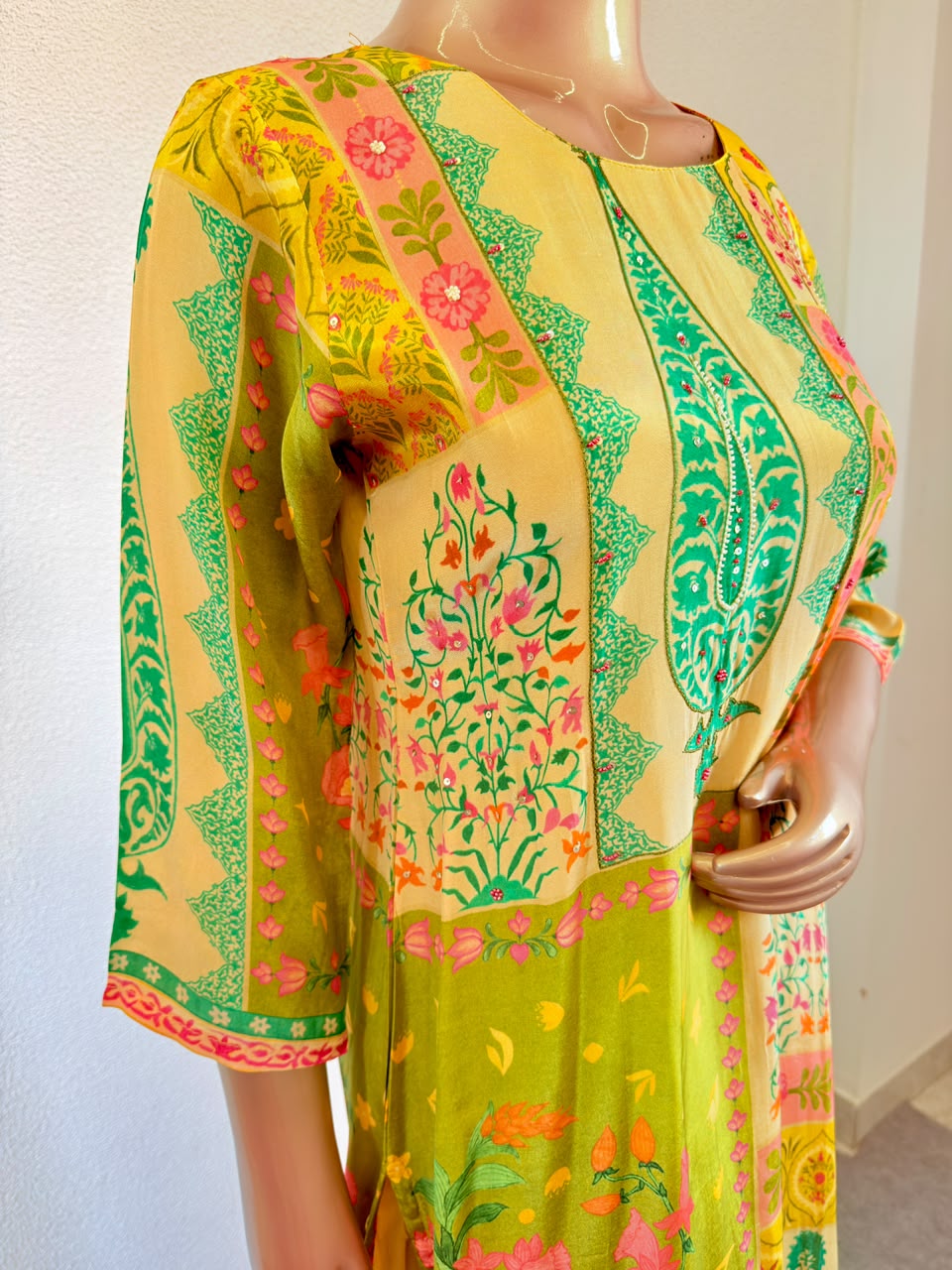 Paisley & Floral Print Mustard Crepe Suit Set with Chinon Dupatta