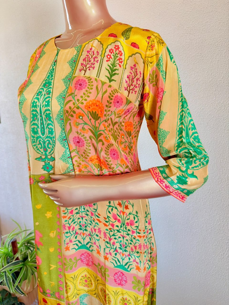 Paisley & Floral Print Mustard Crepe Suit Set with Chinon Dupatta