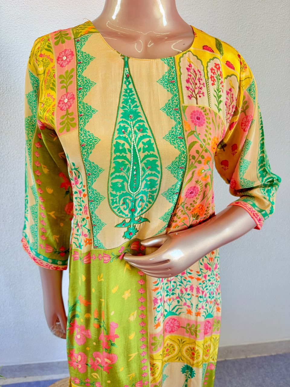 Paisley & Floral Print Mustard Crepe Suit Set with Chinon Dupatta