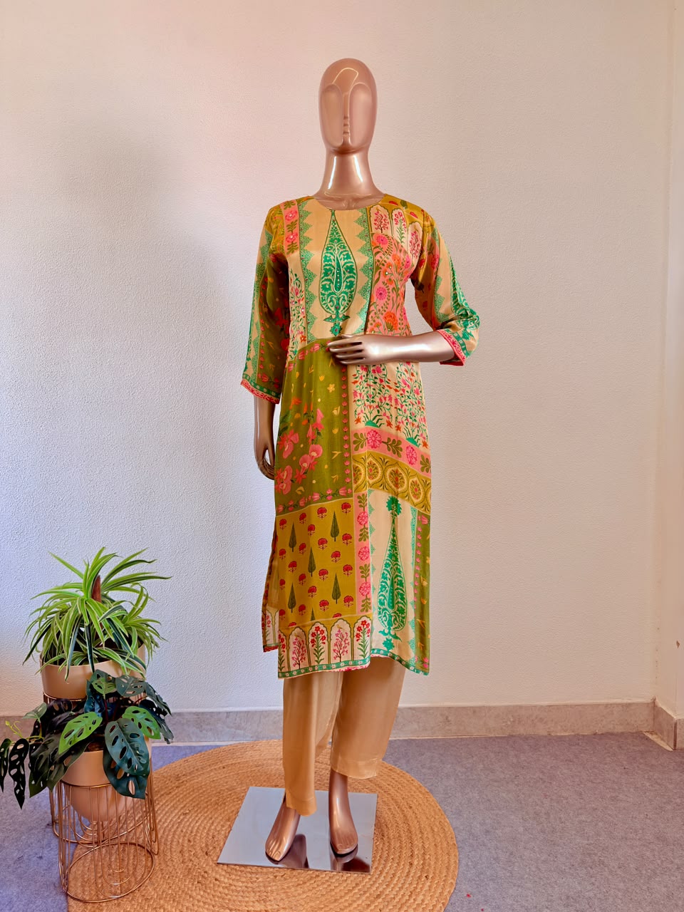 Paisley & Floral Print Mustard Crepe Suit Set with Chinon Dupatta