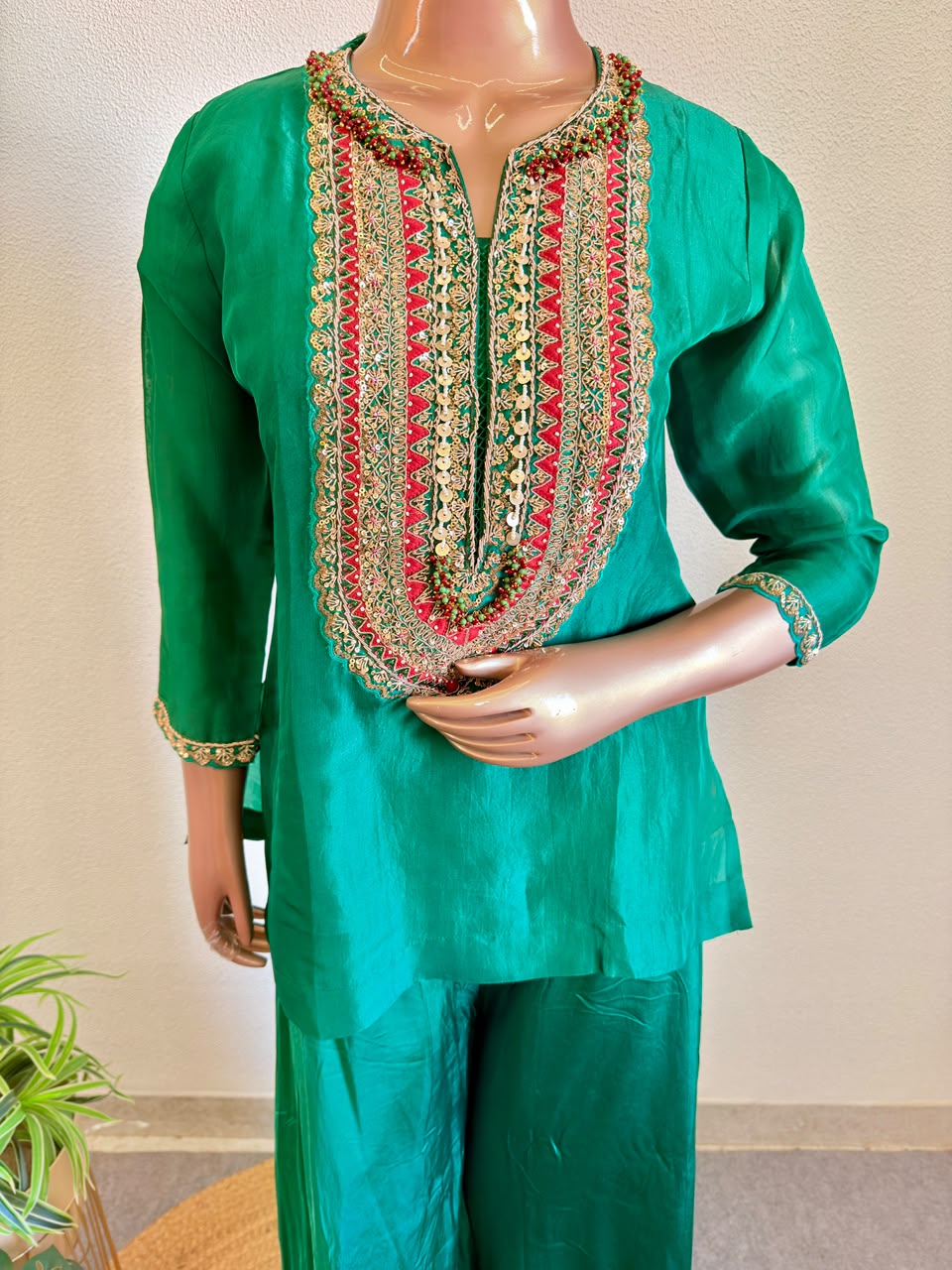 Zardozi Embroidered Yoke Emerald Green Chanderi Silk Kurta Set with Flared Bottoms