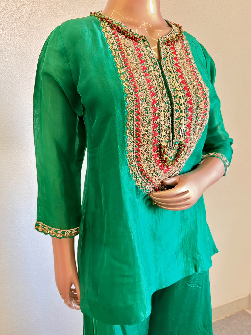 Zardozi Embroidered Yoke Emerald Green Chanderi Silk Kurta Set with Flared Bottoms