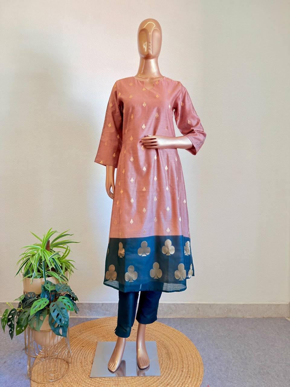 Zari Booti Weaving Chanderi Silk A-Line Suit Set with Contrast Border & Dupatta