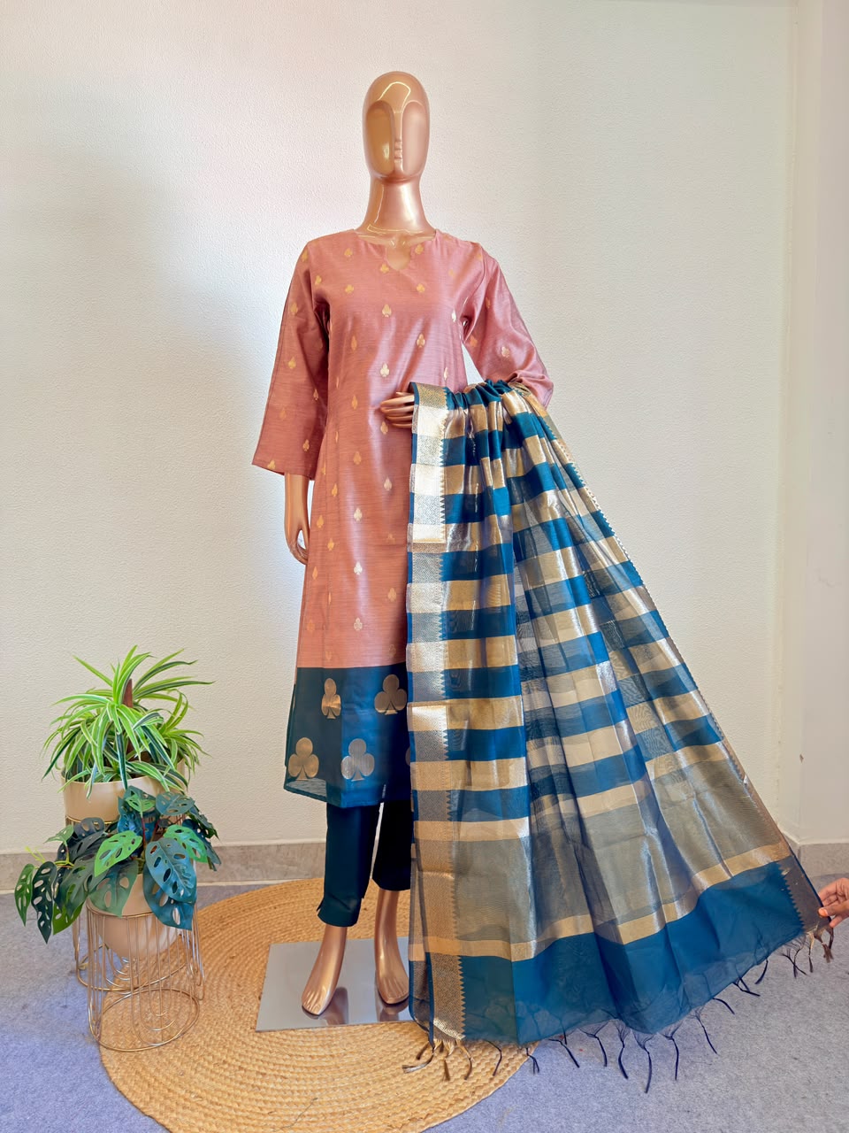 Zari Booti Weaving Chanderi Silk A-Line Suit Set with Contrast Border & Dupatta