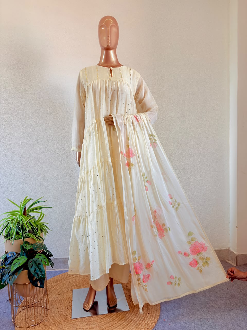 Ivory Mul Chanderi Tiered Pattern Suit with False Mukaish Work and Digital Print Floral Organza Dupatta