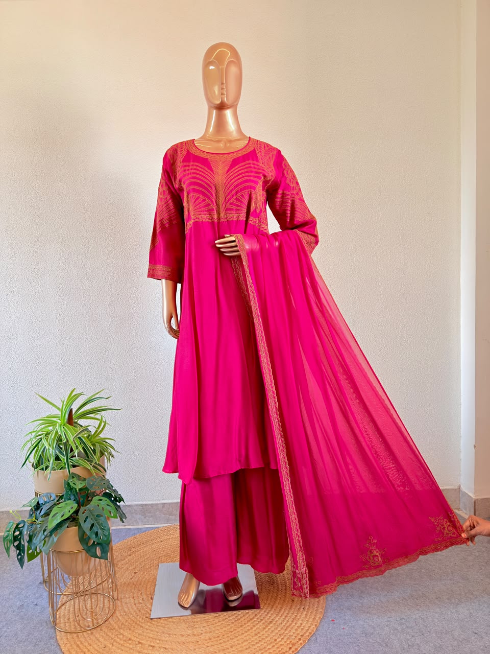 Contrast Embroidered Yoke A-Line Premium Silk Suit Set with Scalloped Organza Dupatta