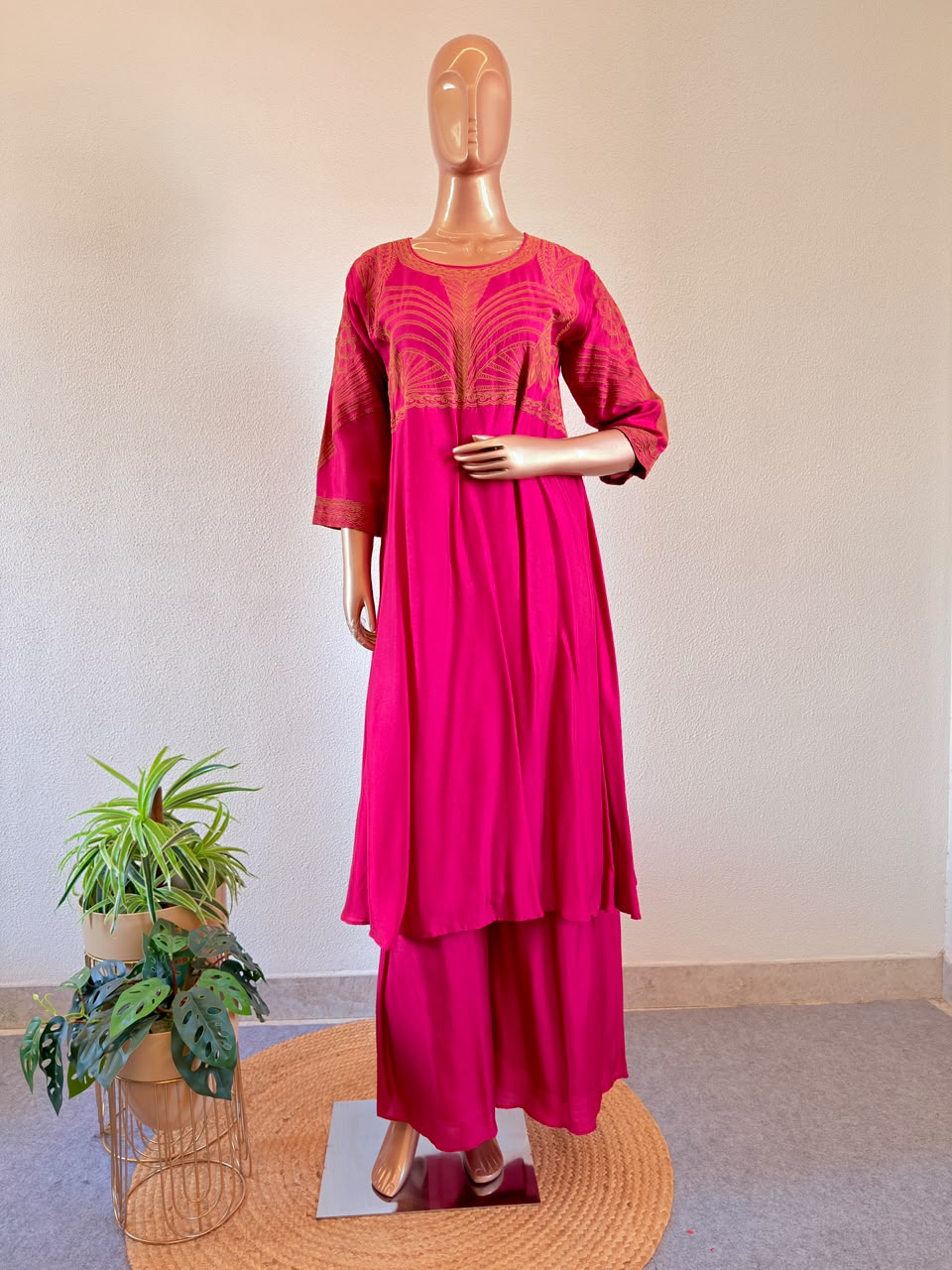 Contrast Embroidered Yoke A-Line Premium Silk Suit Set with Scalloped Organza Dupatta