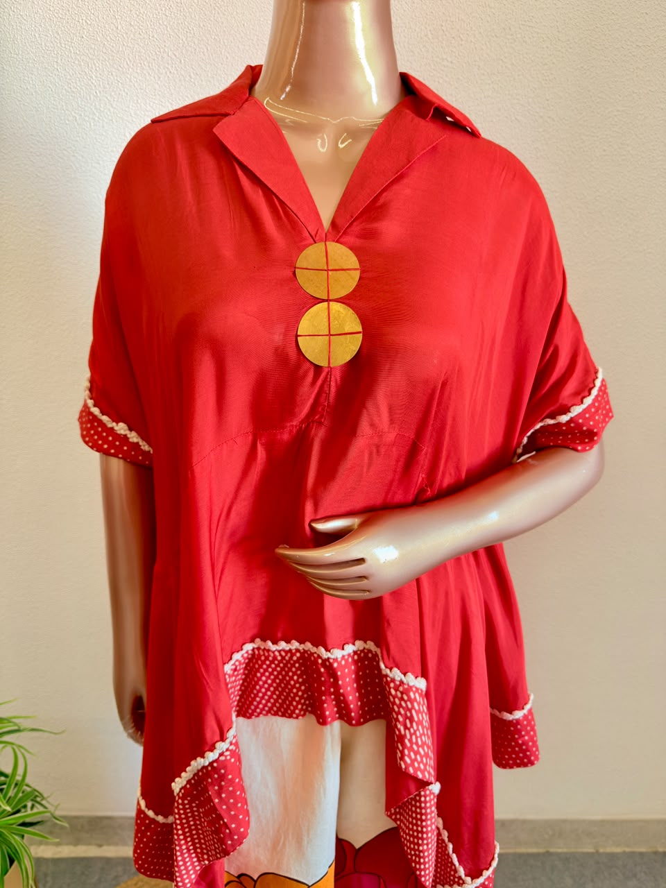 Collared Muslin Silk Asymmetric Top & Bold Floral Flex Cotton Palazzo Co-Ord Set