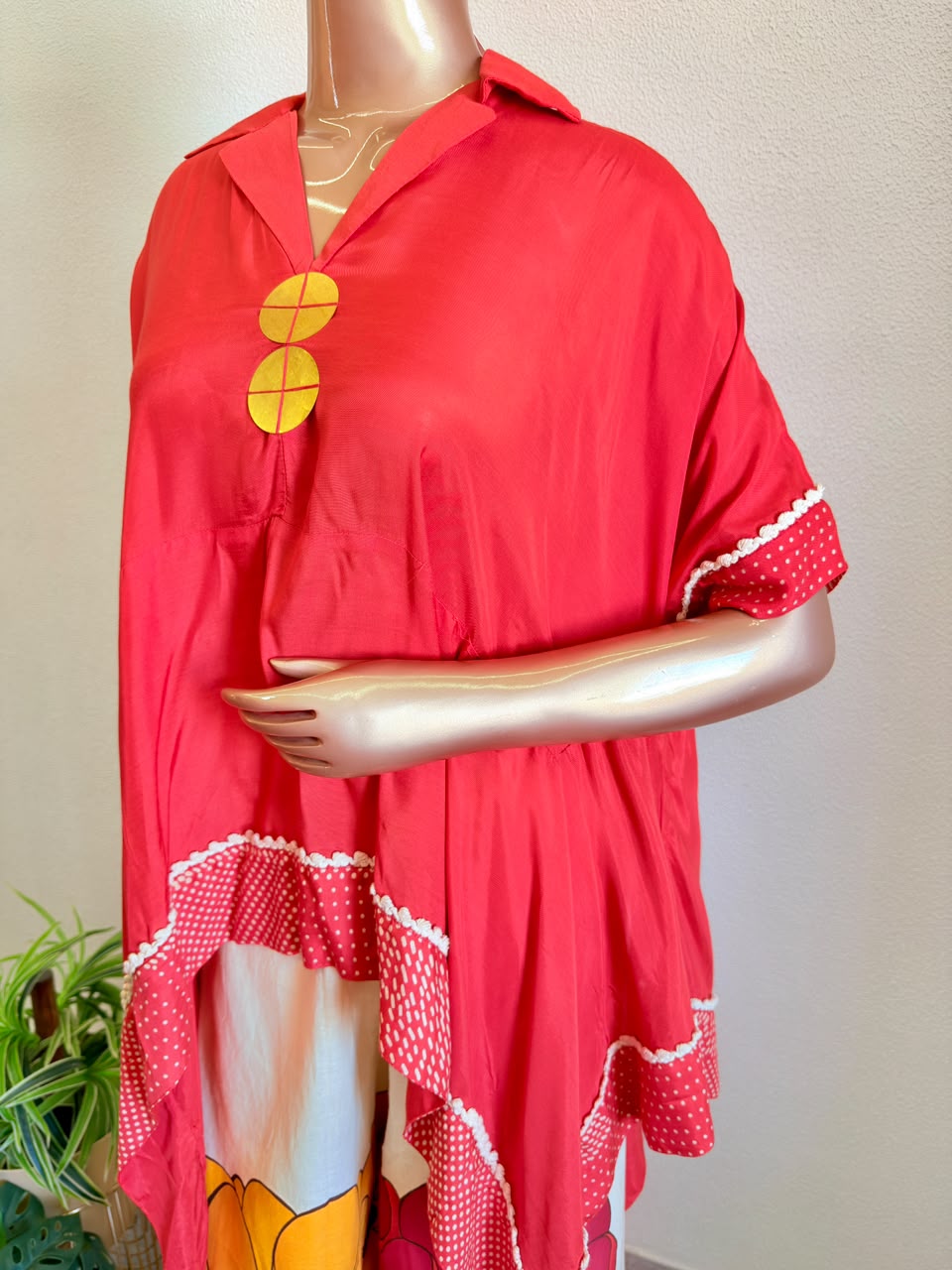 Collared Muslin Silk Asymmetric Top & Bold Floral Flex Cotton Palazzo Co-Ord Set
