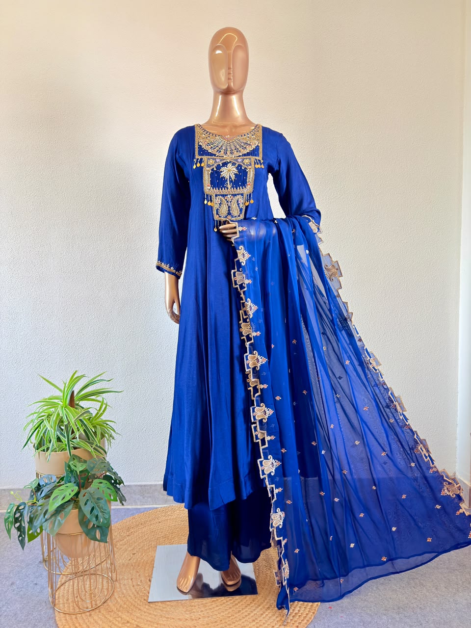 Coin Charms & Zardozi Embroidered Yoke Anarkali Silk Suit Set with Scalloped Dupatta
