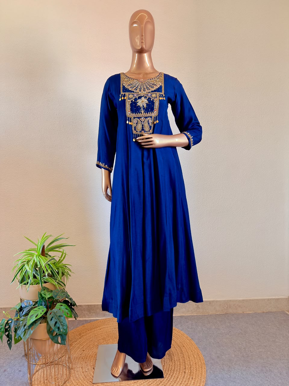 Coin Charms & Zardozi Embroidered Yoke Anarkali Silk Suit Set with Scalloped Dupatta