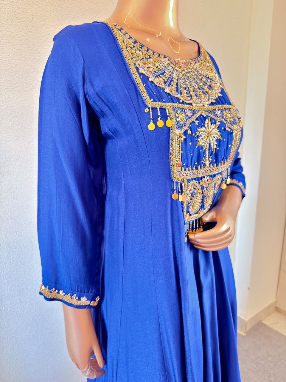 Coin Charms & Zardozi Embroidered Yoke Anarkali Silk Suit Set with Scalloped Dupatta