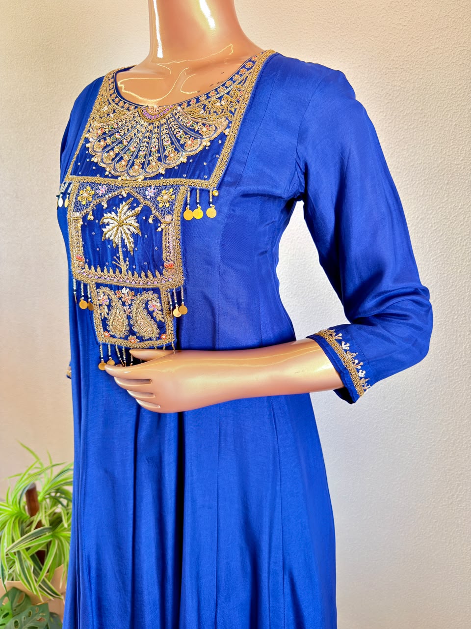 Coin Charms & Zardozi Embroidered Yoke Anarkali Silk Suit Set with Scalloped Dupatta
