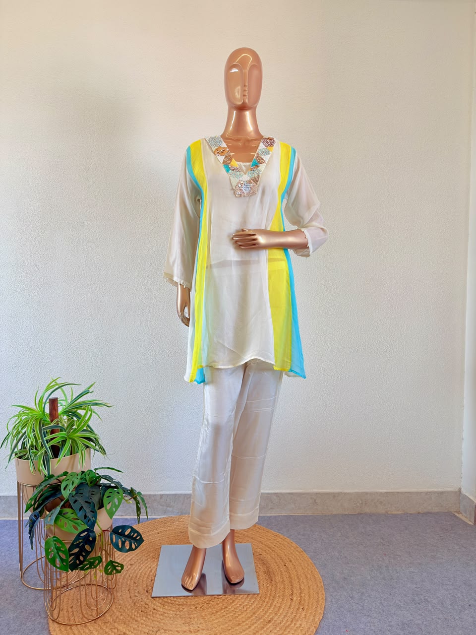 Cutdana & Sequin Encrusted Neckline Color-Blocked organza Co-Ord Set
