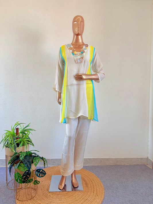 Cutdana & Sequin Encrusted Neckline Color-Blocked organza Co-Ord Set