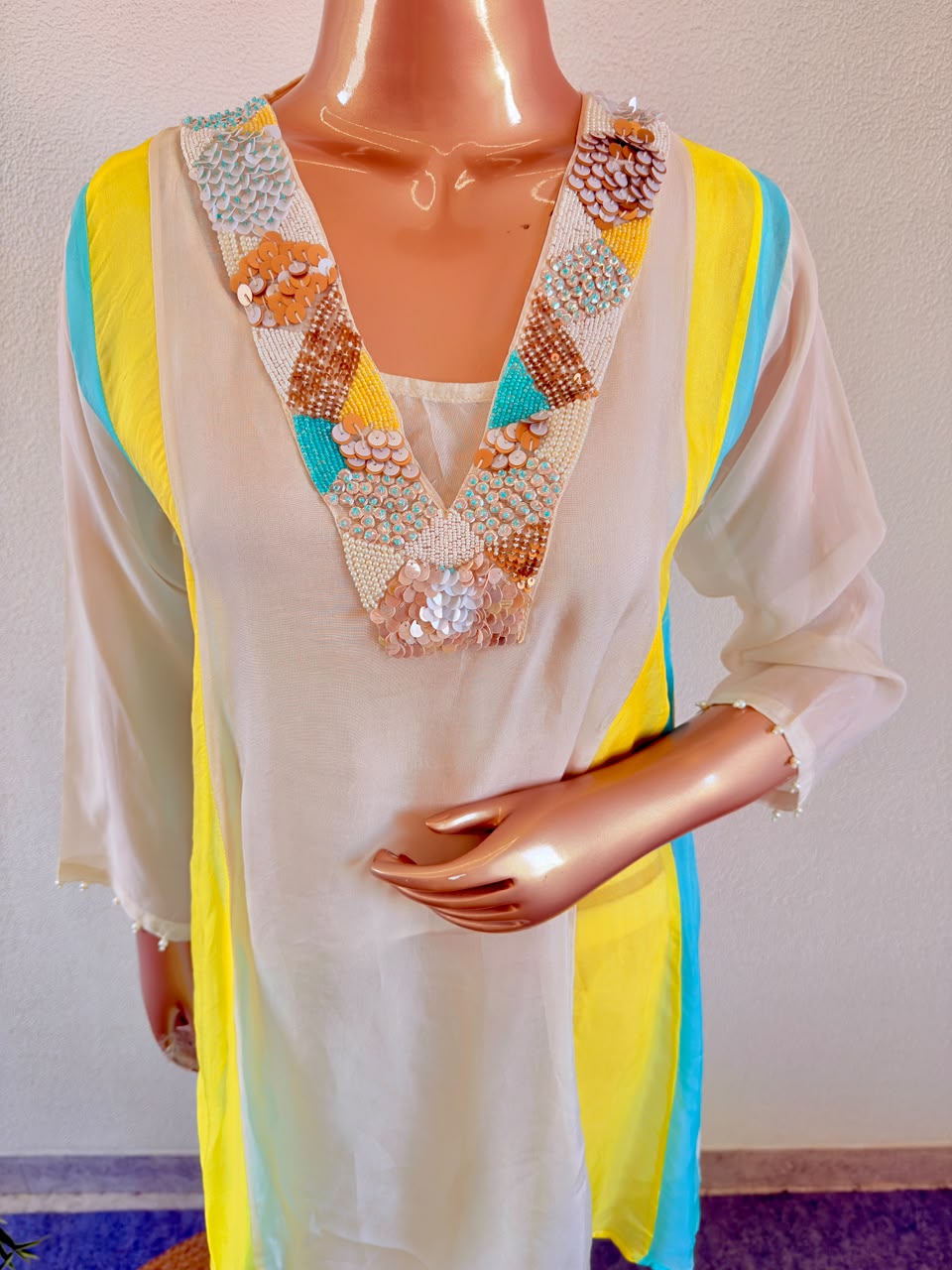 Cutdana & Sequin Encrusted Neckline Color-Blocked organza Co-Ord Set