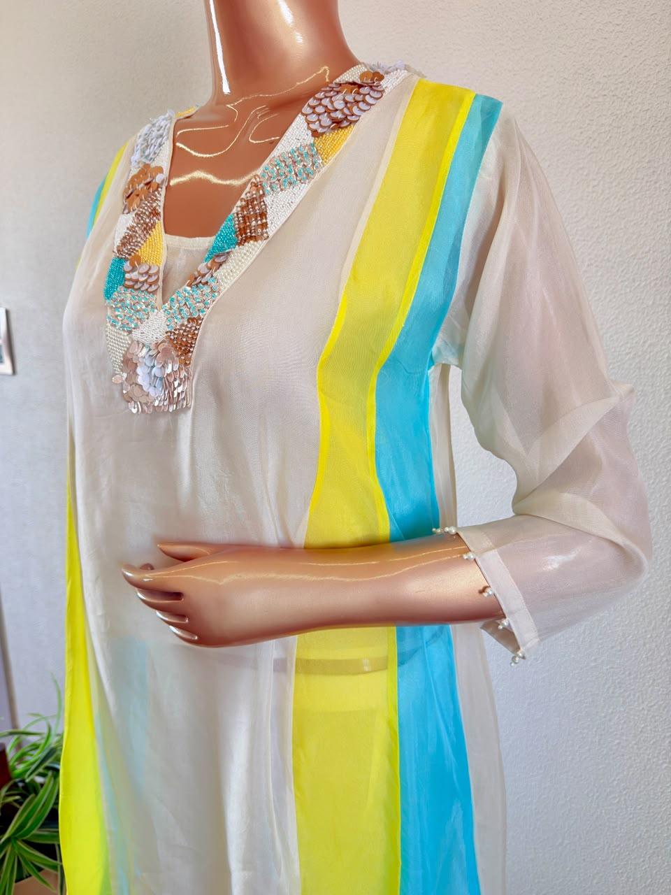 Cutdana & Sequin Encrusted Neckline Color-Blocked organza Co-Ord Set